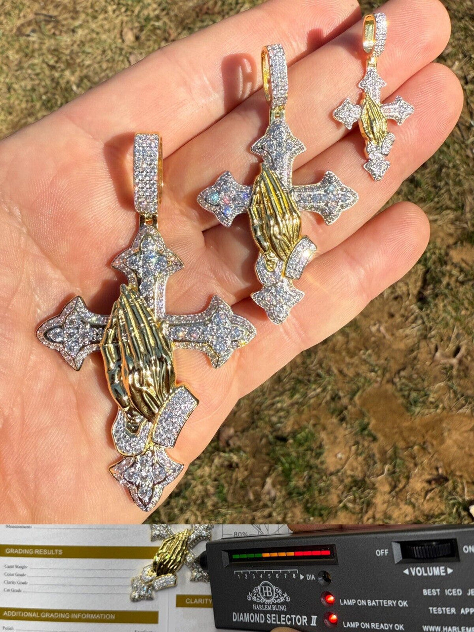 MOISSANITE Cross & Praying Hands Pendant - 14k Gold Vermeil 925 Silver - 3 Sizes 1.5"-3"