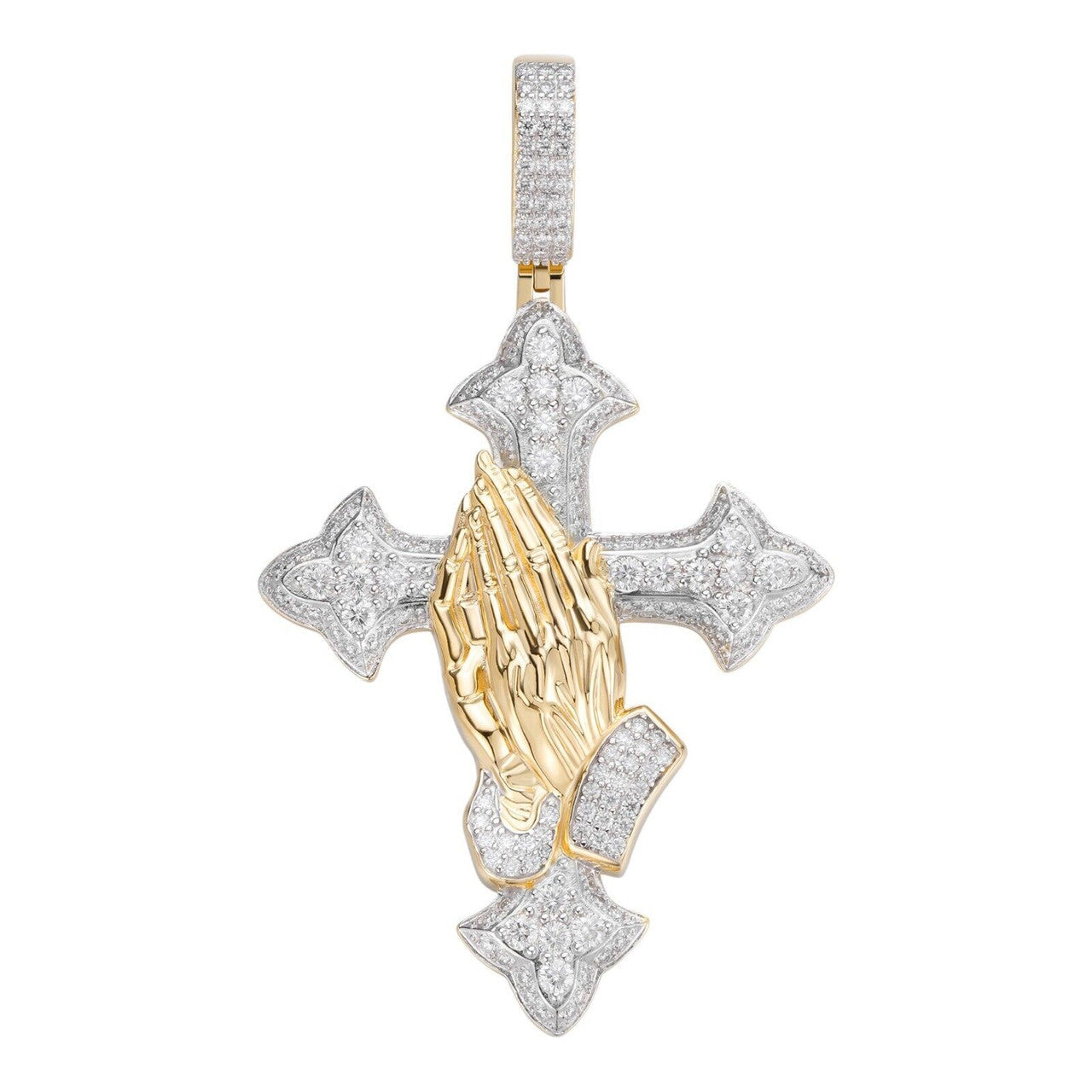 MOISSANITE Cross & Praying Hands Pendant - 14k Gold Vermeil 925 Silver - 3 Sizes 1.5"-3"