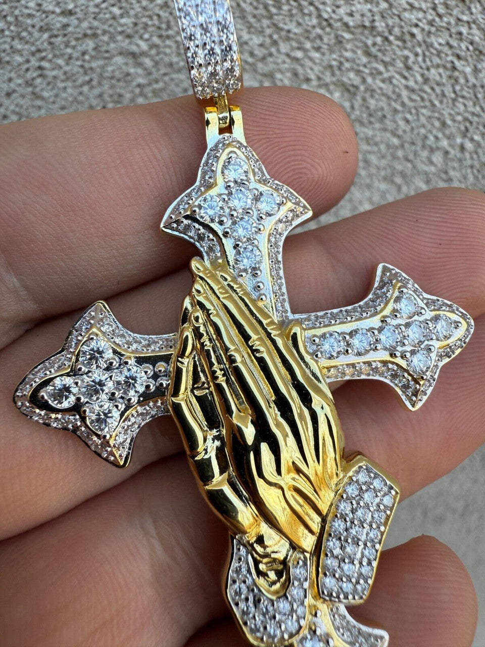 MOISSANITE Cross & Praying Hands Pendant - 14k Gold Vermeil 925 Silver - 3 Sizes 1.5"-3"