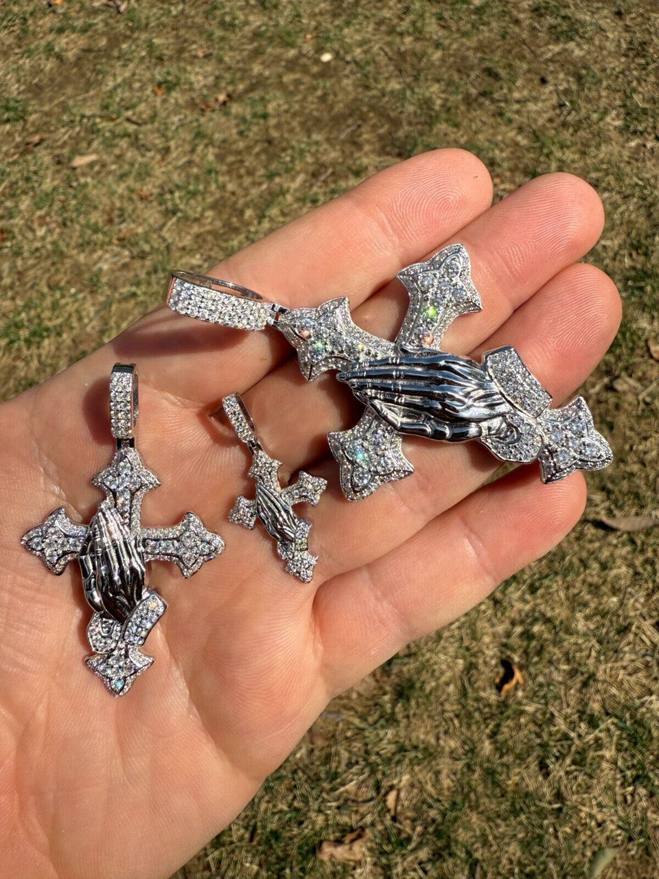 MOISSANITE Cross & Praying Hands Pendant - 925 Silver - 3 Sizes 1.5"-3"