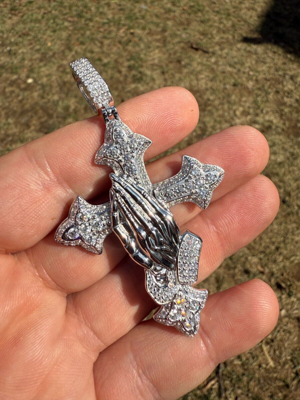 MOISSANITE Cross & Praying Hands Pendant - 925 Silver - 3 Sizes 1.5"-3"
