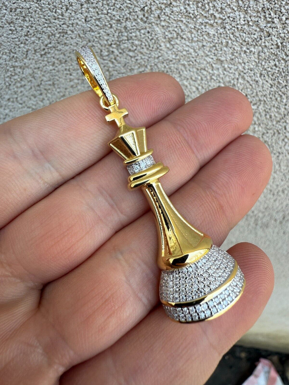 MOISSANITE King Chess Piece Iced Out Pendant - 14k Yellow Gold Vermeil Or 925 Silver - Medium 2.5"