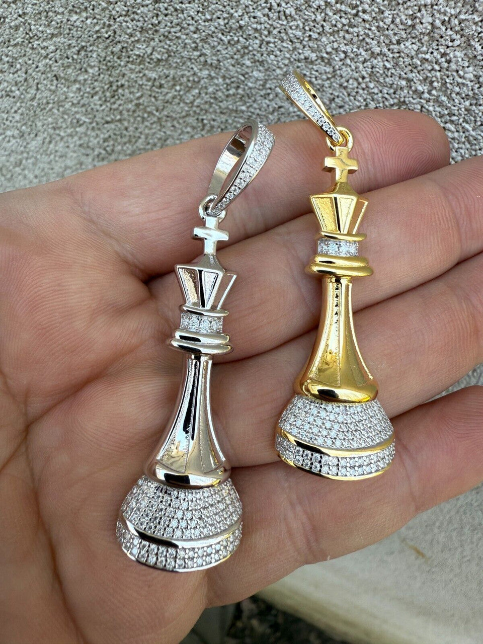 MOISSANITE King Chess Piece Iced Out Pendant - 14k Yellow Gold Vermeil Or 925 Silver - Medium 2.5"