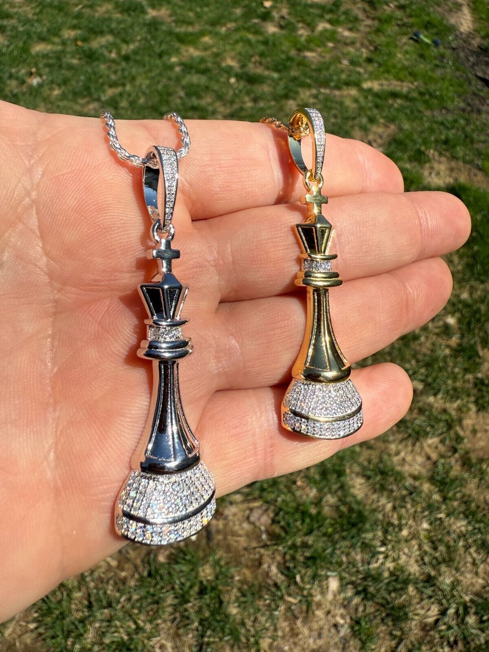 MOISSANITE King Chess Piece Iced Out Pendant - 14k Yellow Gold Vermeil Or 925 Silver - Medium 2.5"