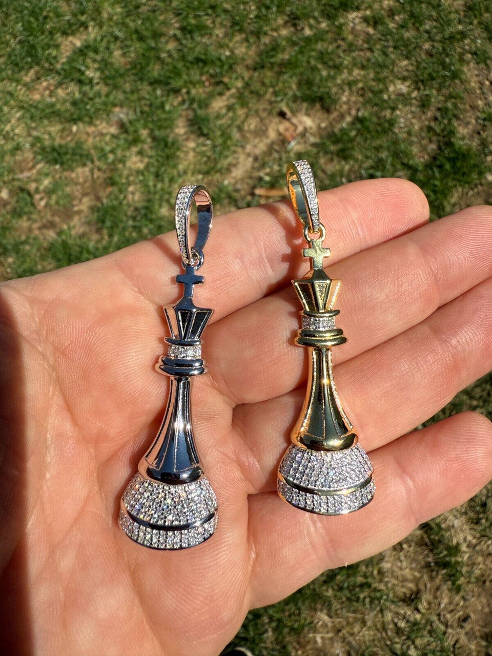 MOISSANITE King Chess Piece Iced Out Pendant - 14k Yellow Gold Vermeil Or 925 Silver - Medium 2.5"
