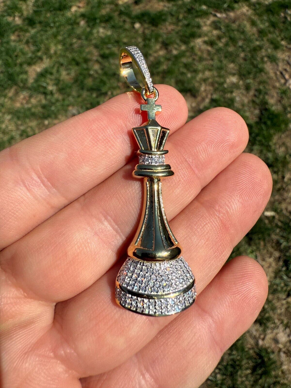MOISSANITE King Chess Piece Iced Out Pendant - 14k Yellow Gold Vermeil Or 925 Silver - Medium 2.5"