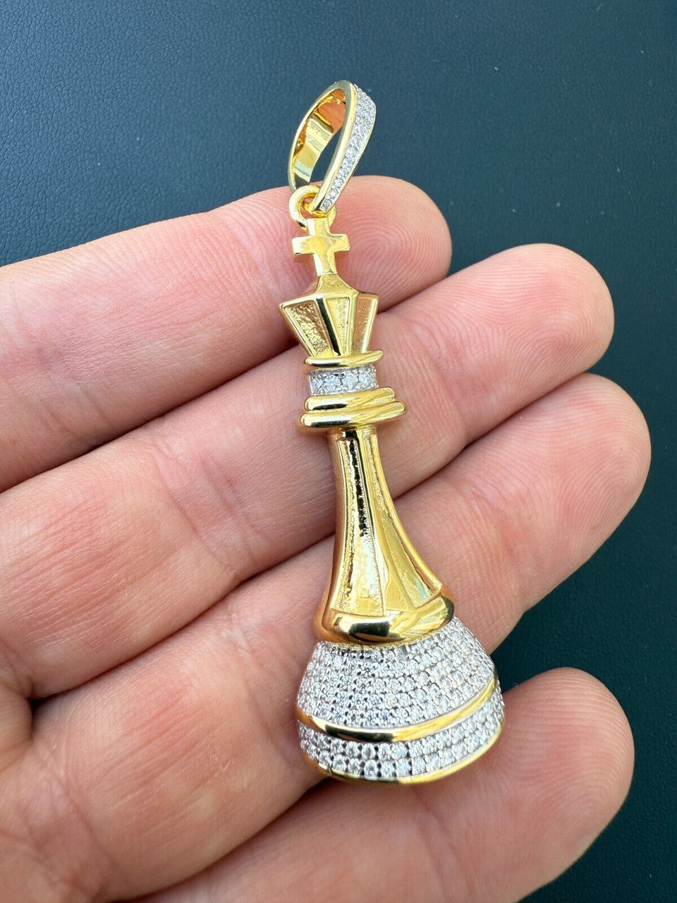 MOISSANITE King Chess Piece Iced Out Pendant - 14k Yellow Gold Vermeil Or 925 Silver - Medium 2.5"