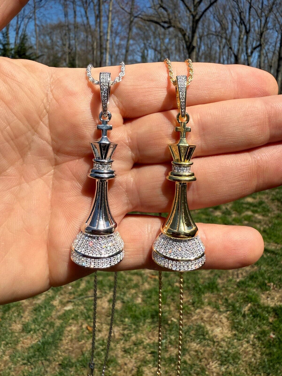 MOISSANITE King Chess Piece Iced Out Pendant - 14k Yellow Gold Vermeil Or 925 Silver - Medium 2.5"