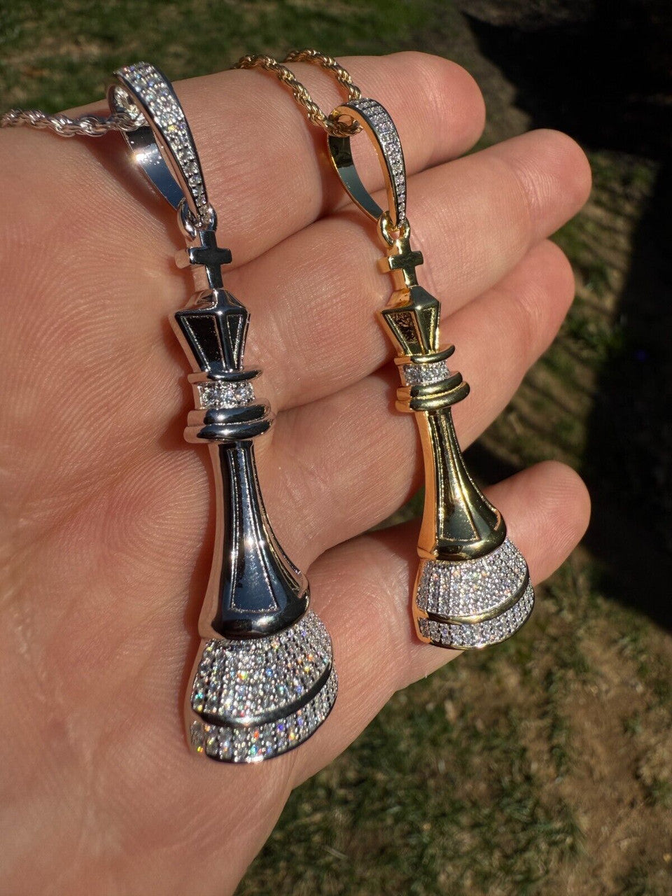 MOISSANITE King Chess Piece Iced Out Pendant - 14k Yellow Gold Vermeil Or 925 Silver - Medium 2.5"