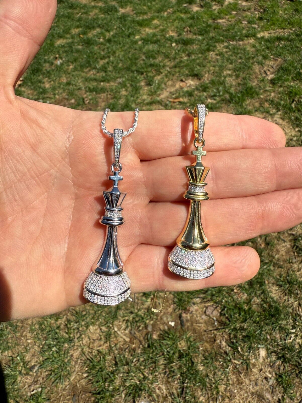 MOISSANITE King Chess Piece Iced Out Pendant - 14k Yellow Gold Vermeil Or 925 Silver - Medium 2.5"