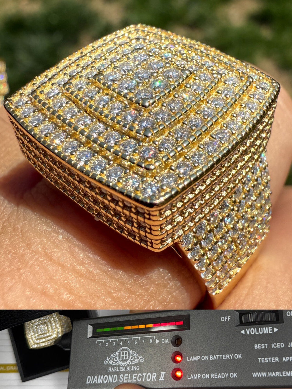 MOISSANITE Large Square Iced Out Ring - 14k Gold Vermeil 925 Silver