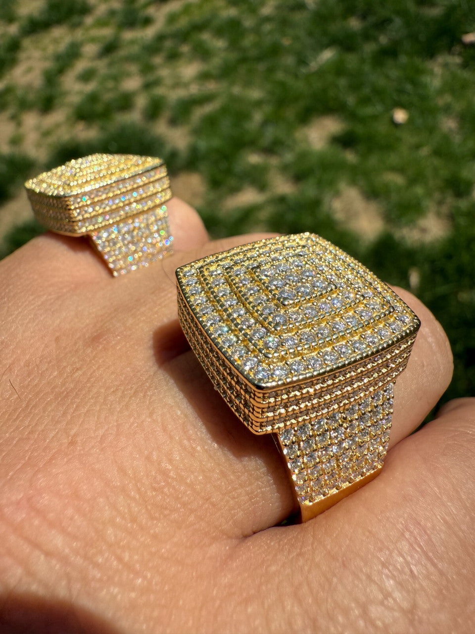 MOISSANITE Large Square Iced Out Ring - 14k Gold Vermeil 925 Silver