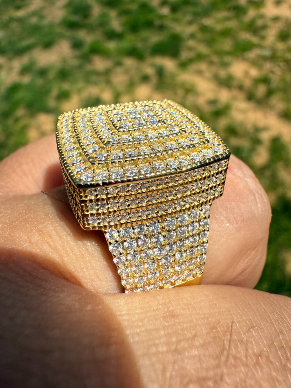 MOISSANITE Large Square Iced Out Ring - 14k Gold Vermeil 925 Silver
