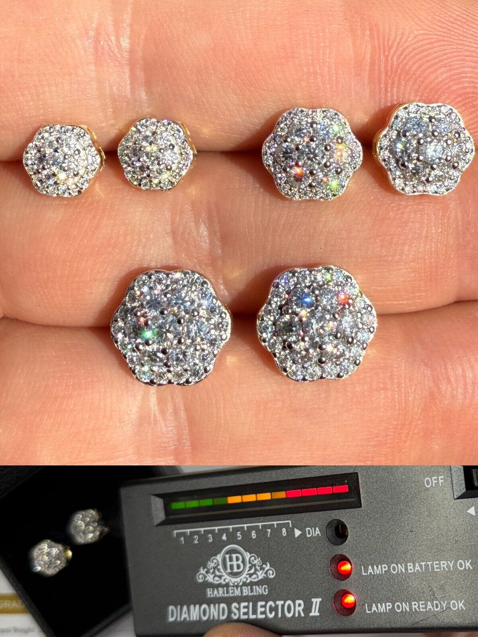 MOISSANITE Micropave Cluster Iced Out Earrings - 14k Gold Vermeil 925 Silver - 7.5mm-12mm