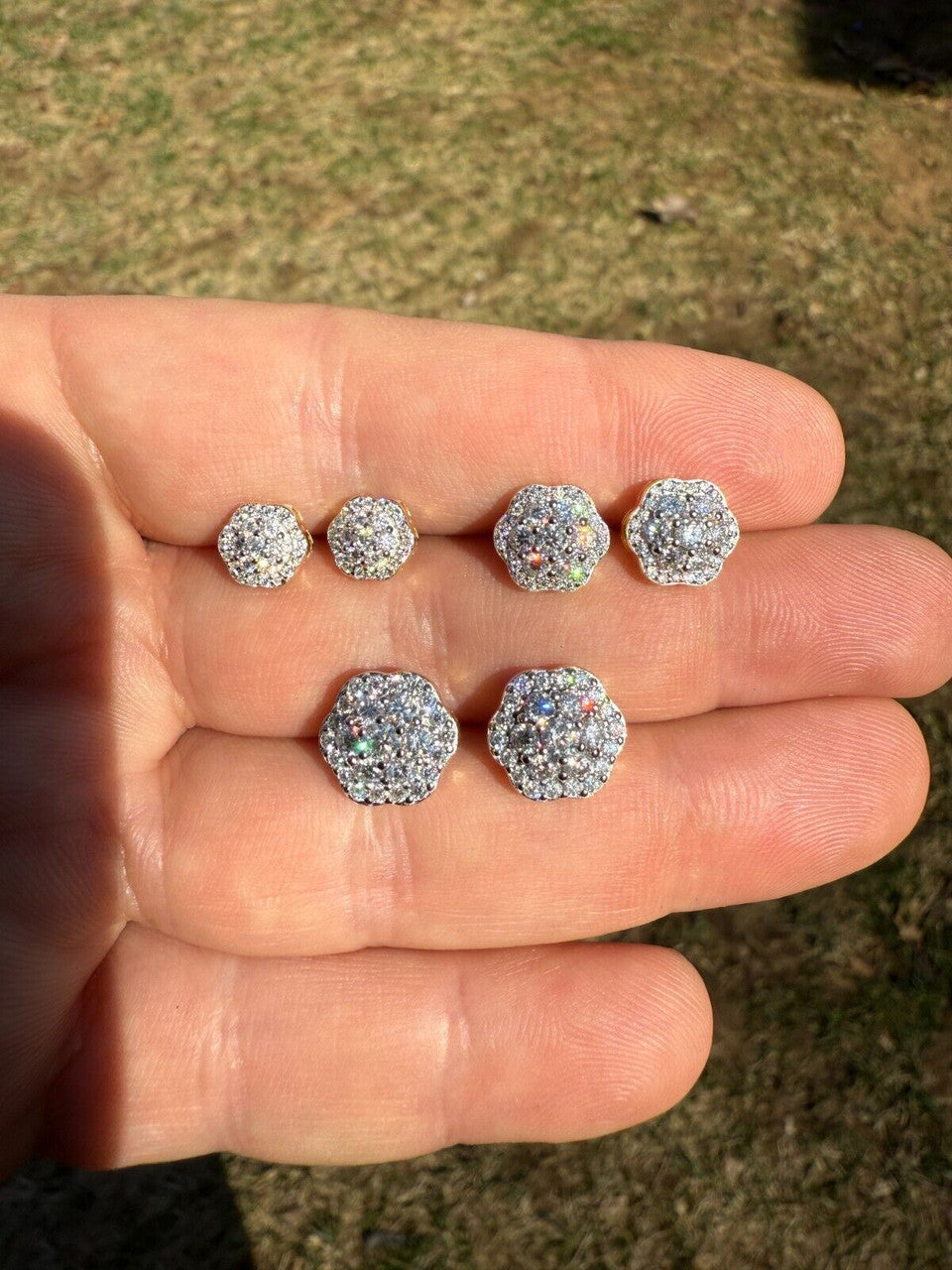 MOISSANITE Micropave Cluster Iced Out Earrings - 14k Gold Vermeil 925 Silver - 7.5mm-12mm