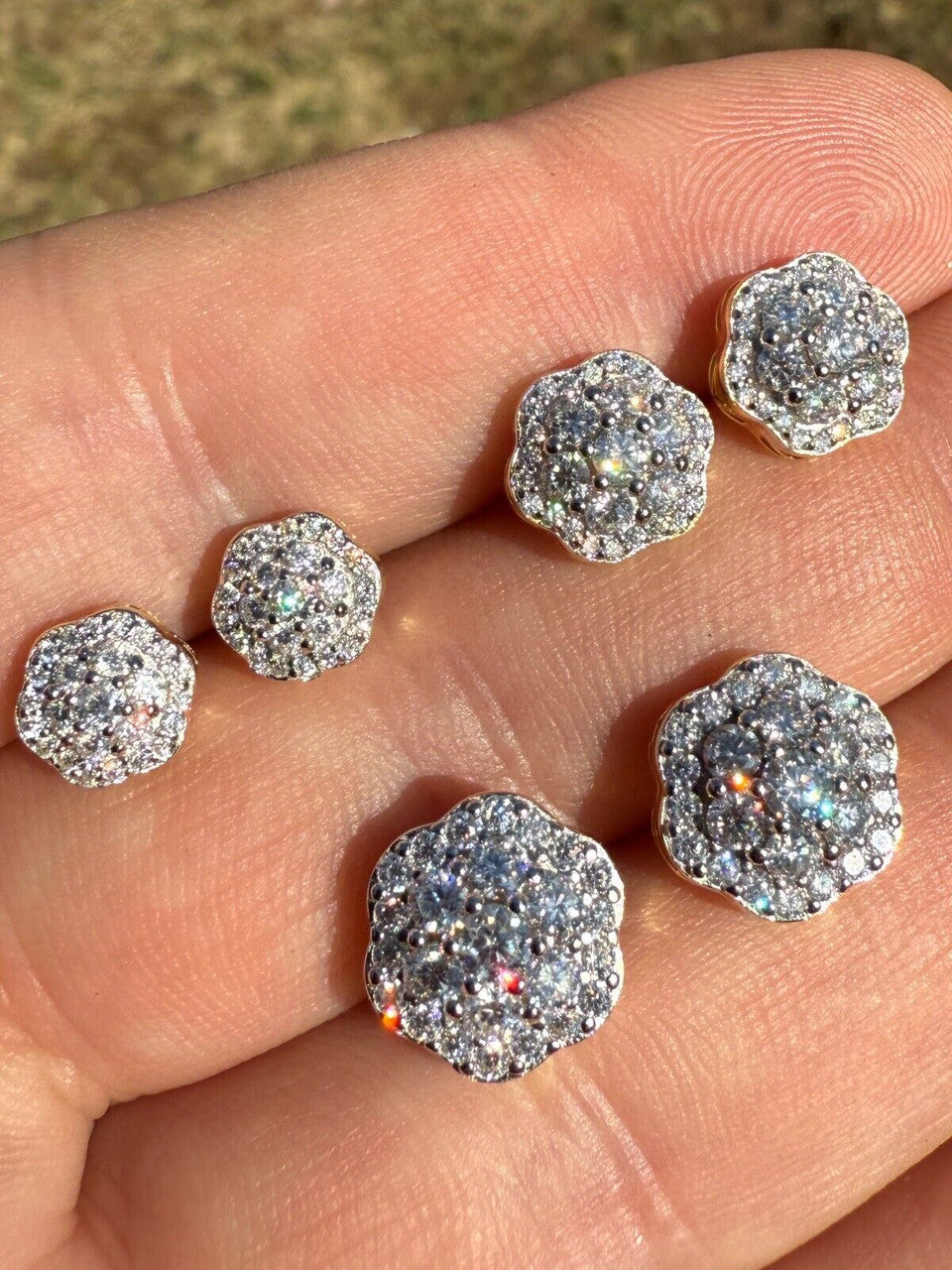 MOISSANITE Micropave Cluster Iced Out Earrings - 14k Gold Vermeil 925 Silver - 7.5mm-12mm