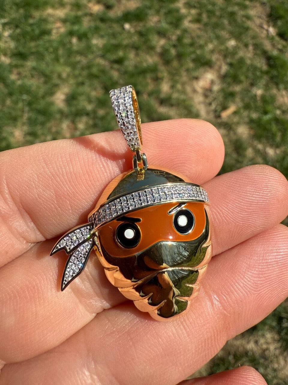 MOISSANITE Ninja Fighter Iced Out Pendant - 14k Yellow Gold Vermeil Or 925 Silver - Medium 1.75"