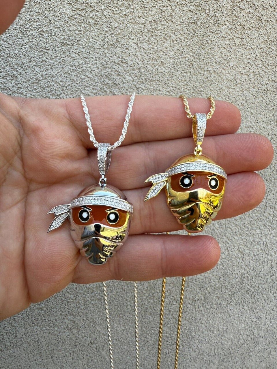 MOISSANITE Ninja Fighter Iced Out Pendant - 14k Yellow Gold Vermeil Or 925 Silver - Medium 1.75"