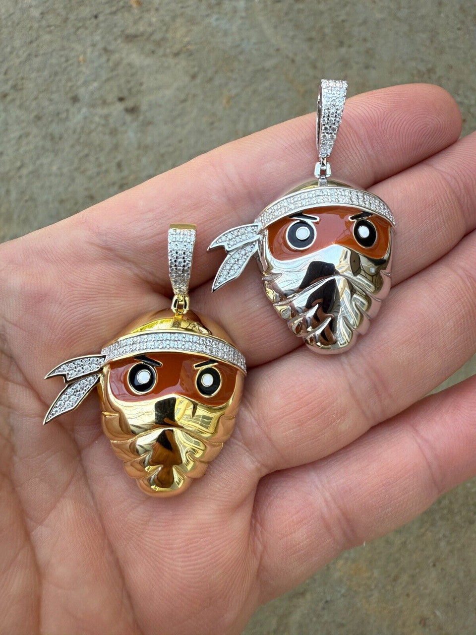 MOISSANITE Ninja Fighter Iced Out Pendant - 14k Yellow Gold Vermeil Or 925 Silver - Medium 1.75"
