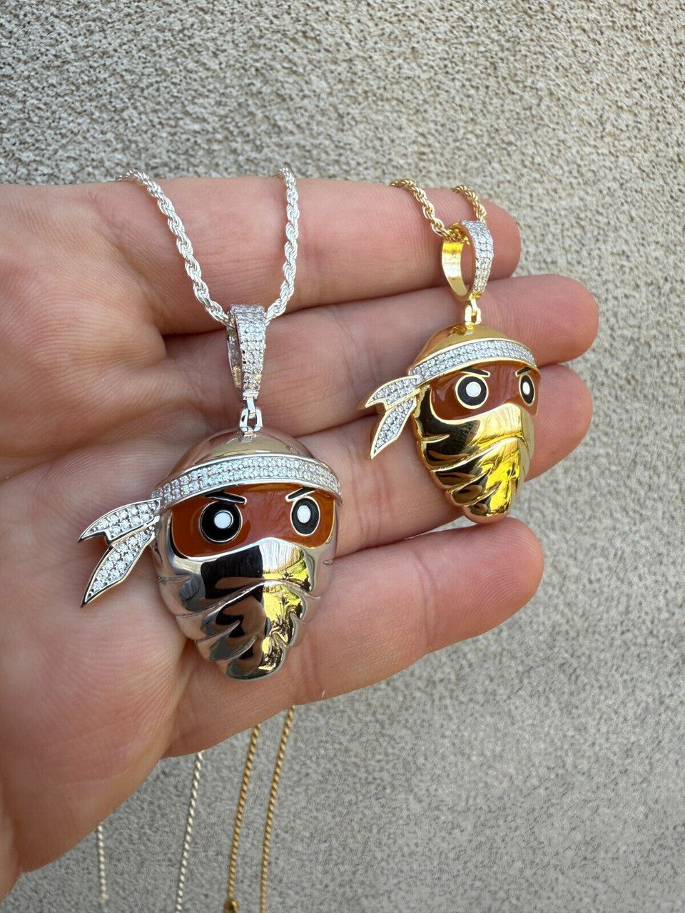 MOISSANITE Ninja Fighter Iced Out Pendant - 14k Yellow Gold Vermeil Or 925 Silver - Medium 1.75"
