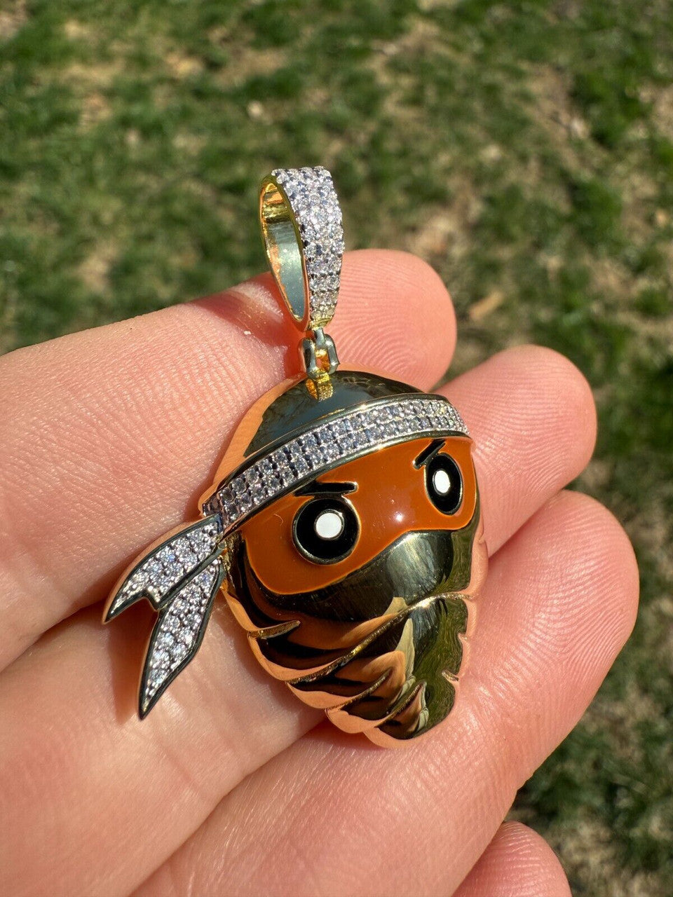 MOISSANITE Ninja Fighter Iced Out Pendant - 14k Yellow Gold Vermeil Or 925 Silver - Medium 1.75"