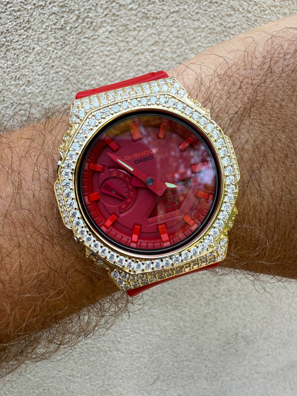 MOISSANITE Real 14k Gold Over 925 Silver Iced Red Casio G Shock GA2100 Watch