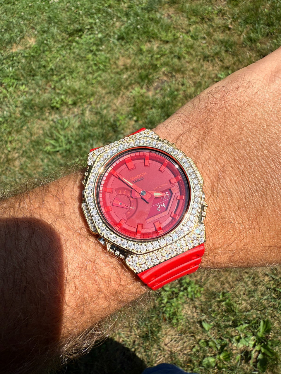 MOISSANITE Real 14k Gold Over 925 Silver Iced Red Casio G Shock GA2100 Watch
