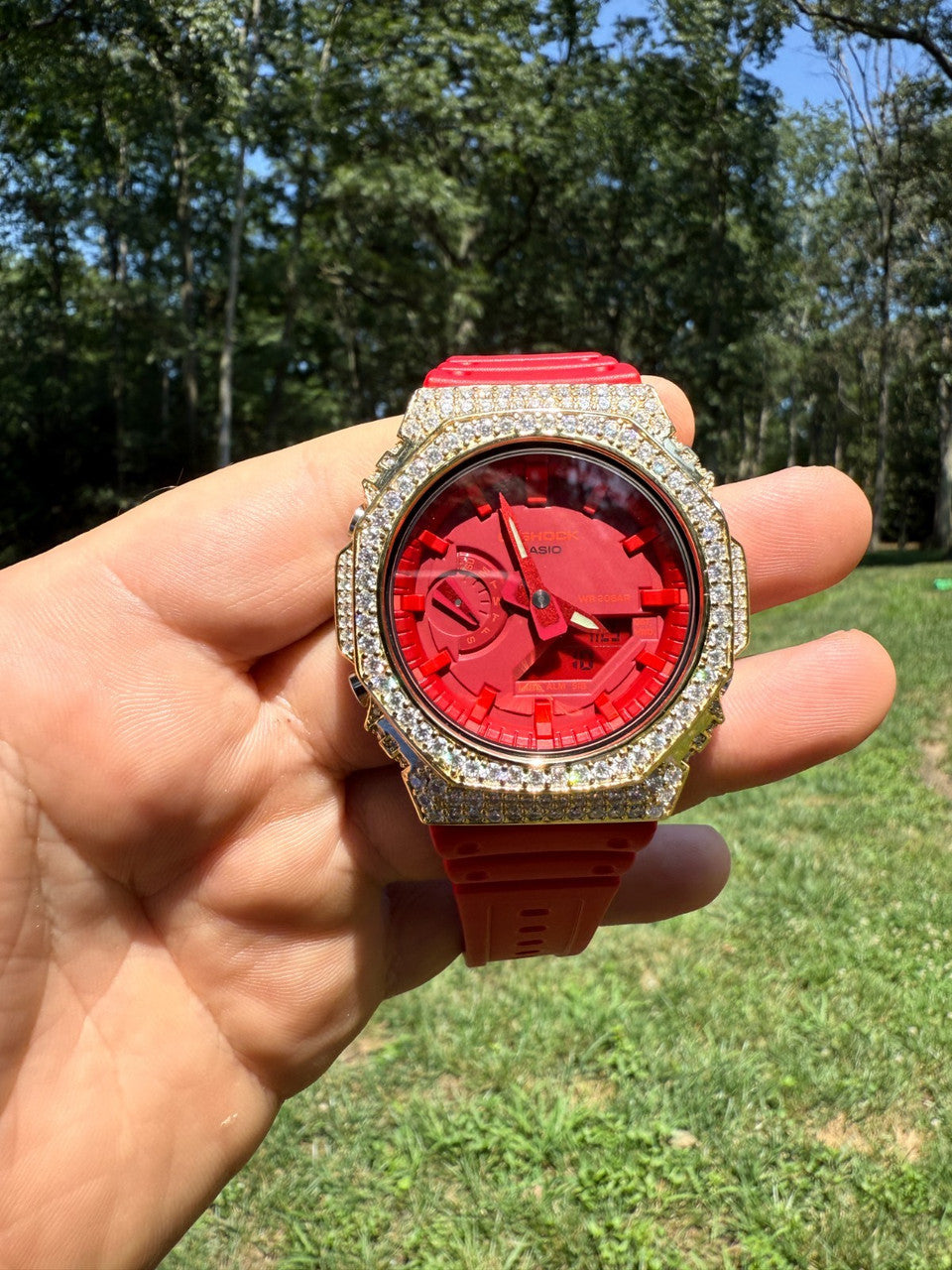 MOISSANITE Real 14k Gold Over 925 Silver Iced Red Casio G Shock GA2100 Watch