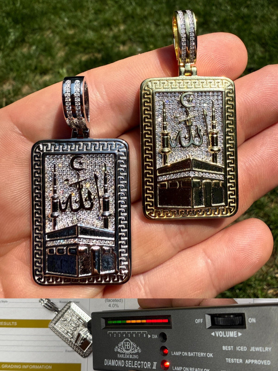 MOISSANITE Holy Kaaba & Allah Pendant - 14k Gold Vermeil or 925 Silver - Medium 2.25"