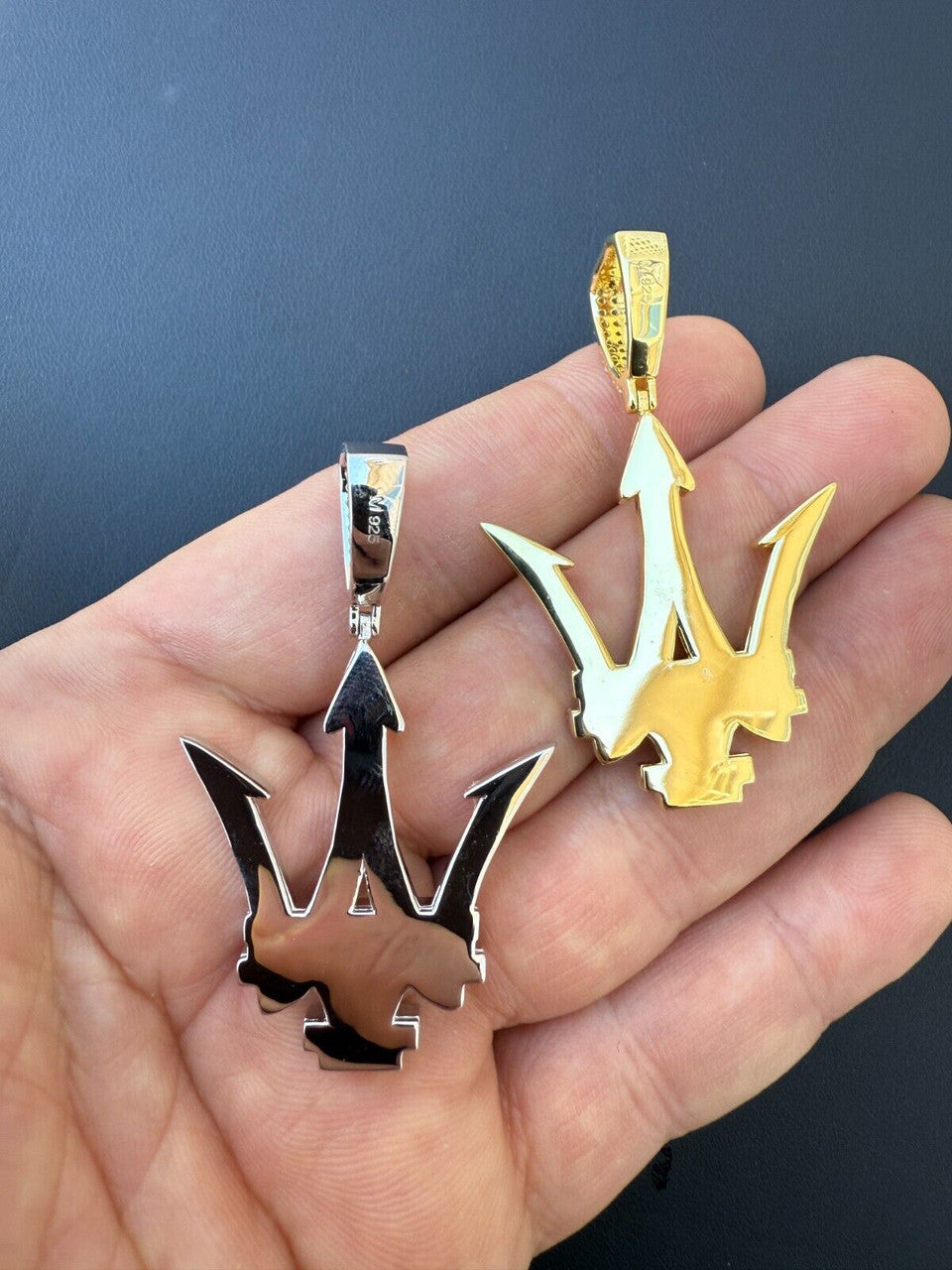 MOISSANITE Trident Maserati Logo Iced Out Pendant - 14k Gold Vermeil Or 925 Silver - Medium 2.25"