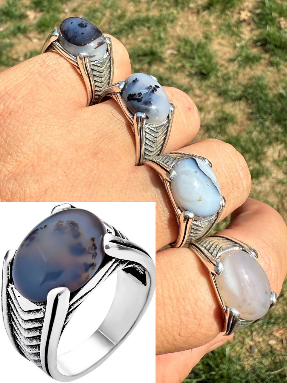 Classic Stone Eye Ring - 925 Silver Oxidized - Genuine Agate Stone