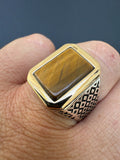 Mens Real Solid 925 Sterling Silver & 10k Gold Tigers Eye Gemstone Square Ring