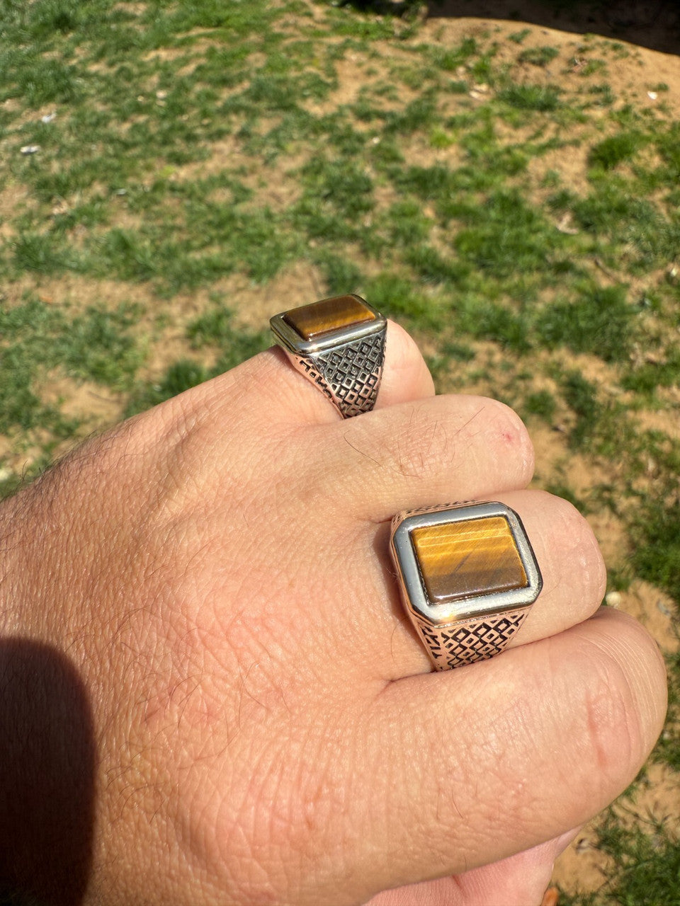 Mens Real Solid 925 Sterling Silver & 10k Gold Tigers Eye Gemstone Square Ring