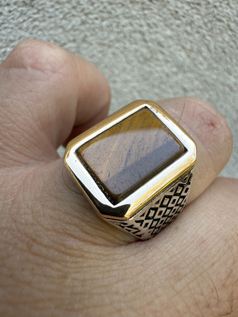 Mens Real Solid 925 Sterling Silver & 10k Gold Tigers Eye Gemstone Square Ring