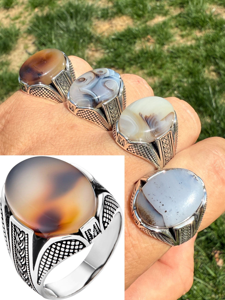 Wealth Ring - 925 Silver Oxidized - Genuine Agate Stone