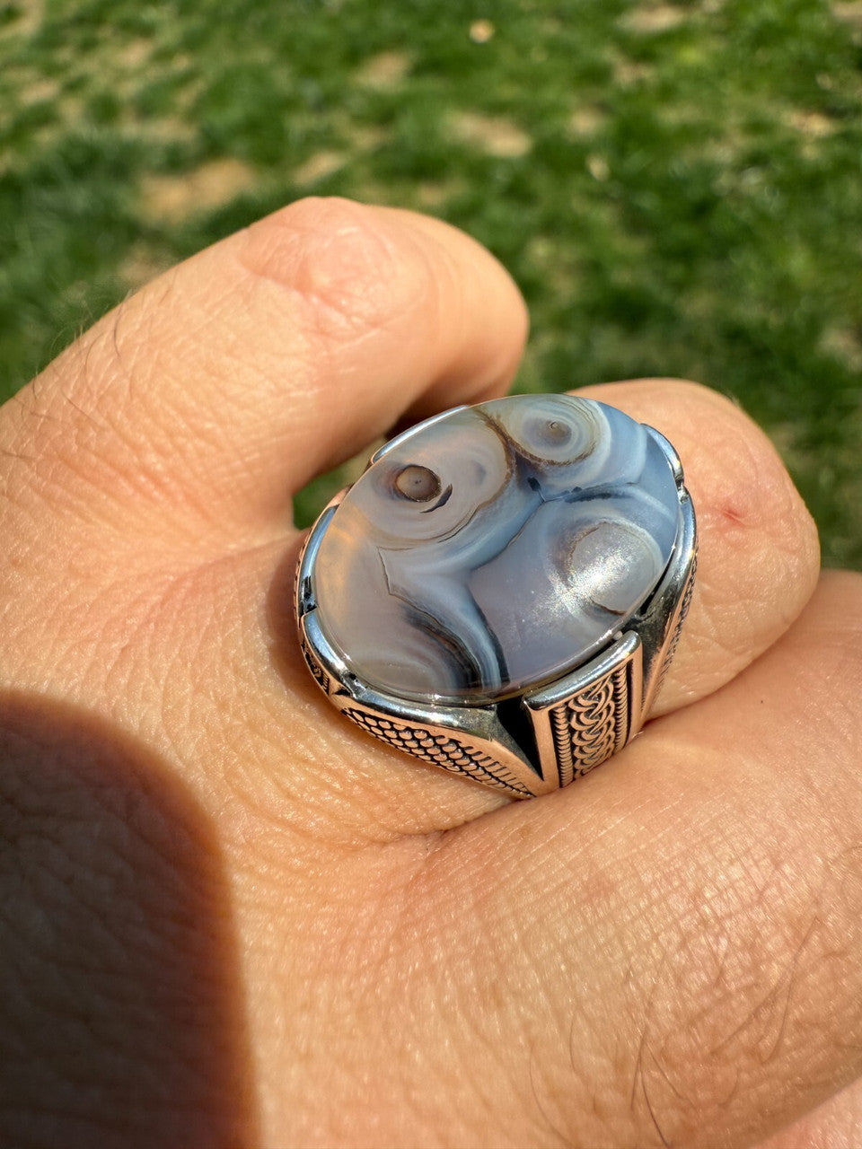 Wealth Ring - 925 Silver Oxidized - Genuine Agate Stone
