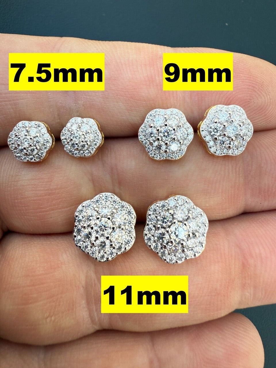 Micropave Cluster Iced Out Earrings - 14k Gold Vermeil 925 Silver - CZ Stones - 7.5mm-12mm