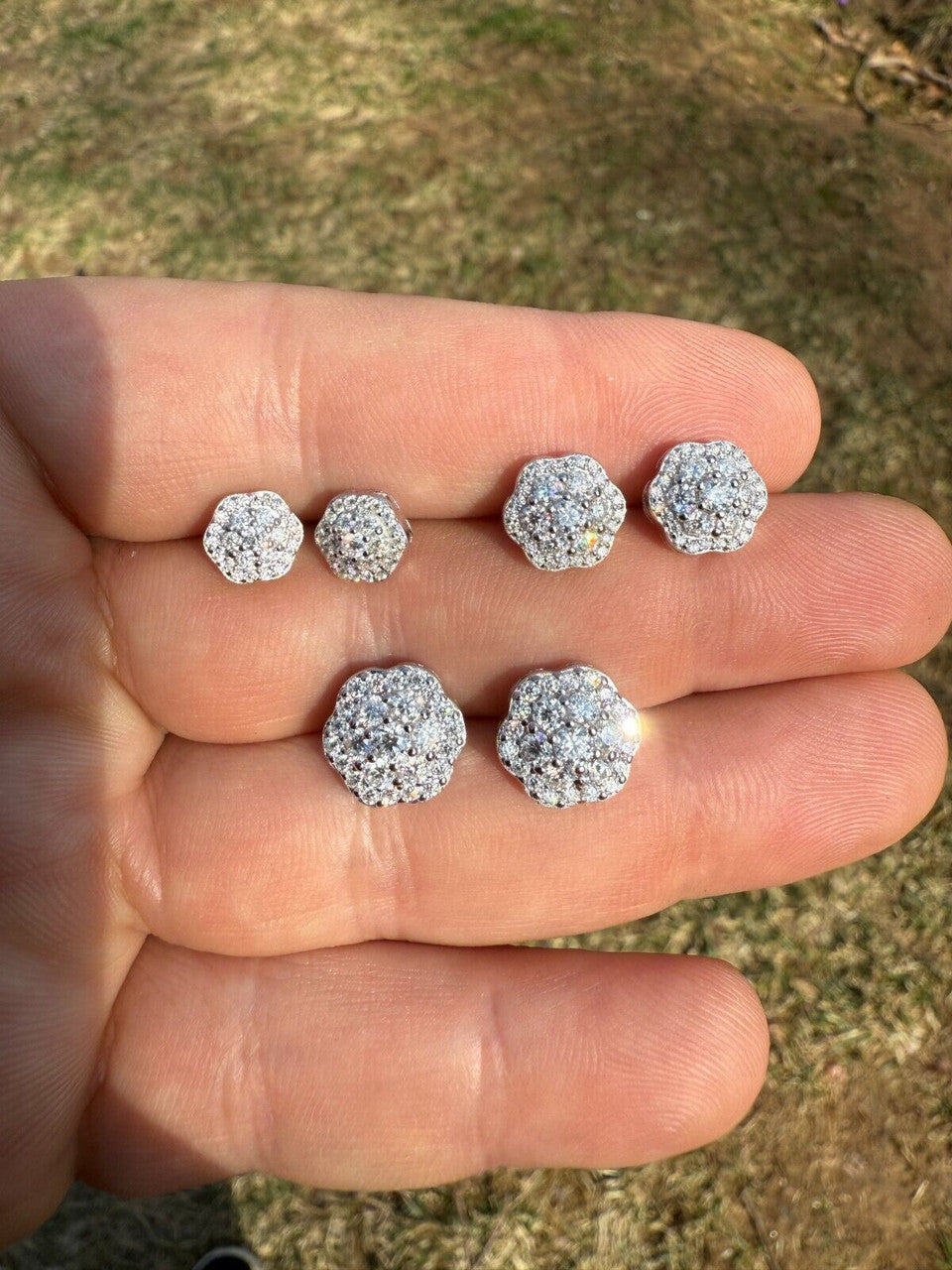 Micropave Cluster Iced Out Earrings - 925 Silver - CZ Stones - 7.5mm-12mm