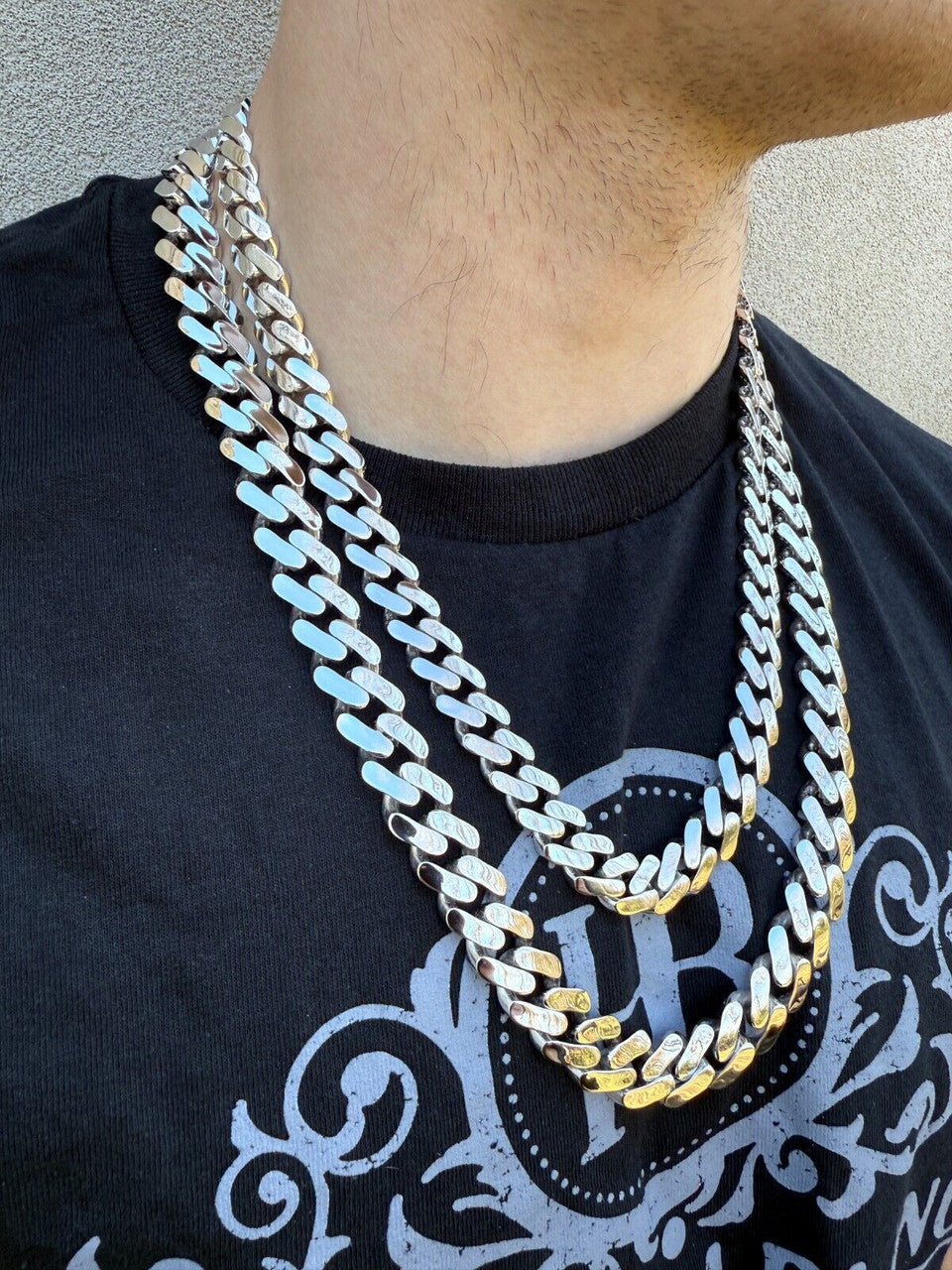 Monaco Cuban Chain Necklace HOLLOW - Rhodium Finish 925 Sterling Silver - 16"-28" - 9mm-15mm