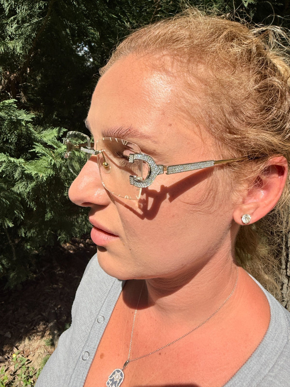 MOISSANITE Big C Iced Out Sunglasses - 925 Silver Buffs - Clear