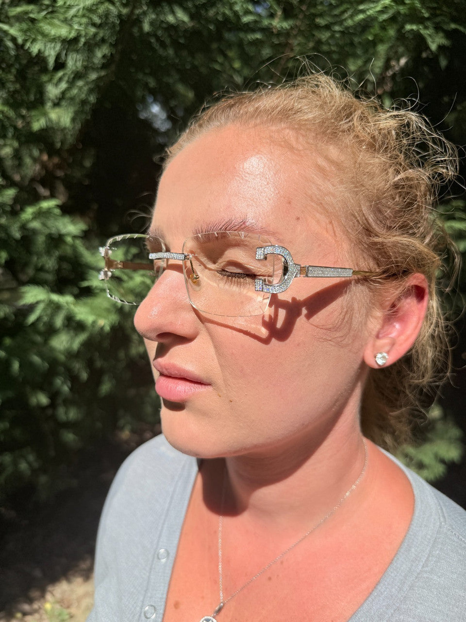 MOISSANITE Big C Iced Out Sunglasses - 925 Silver Buffs - Clear
