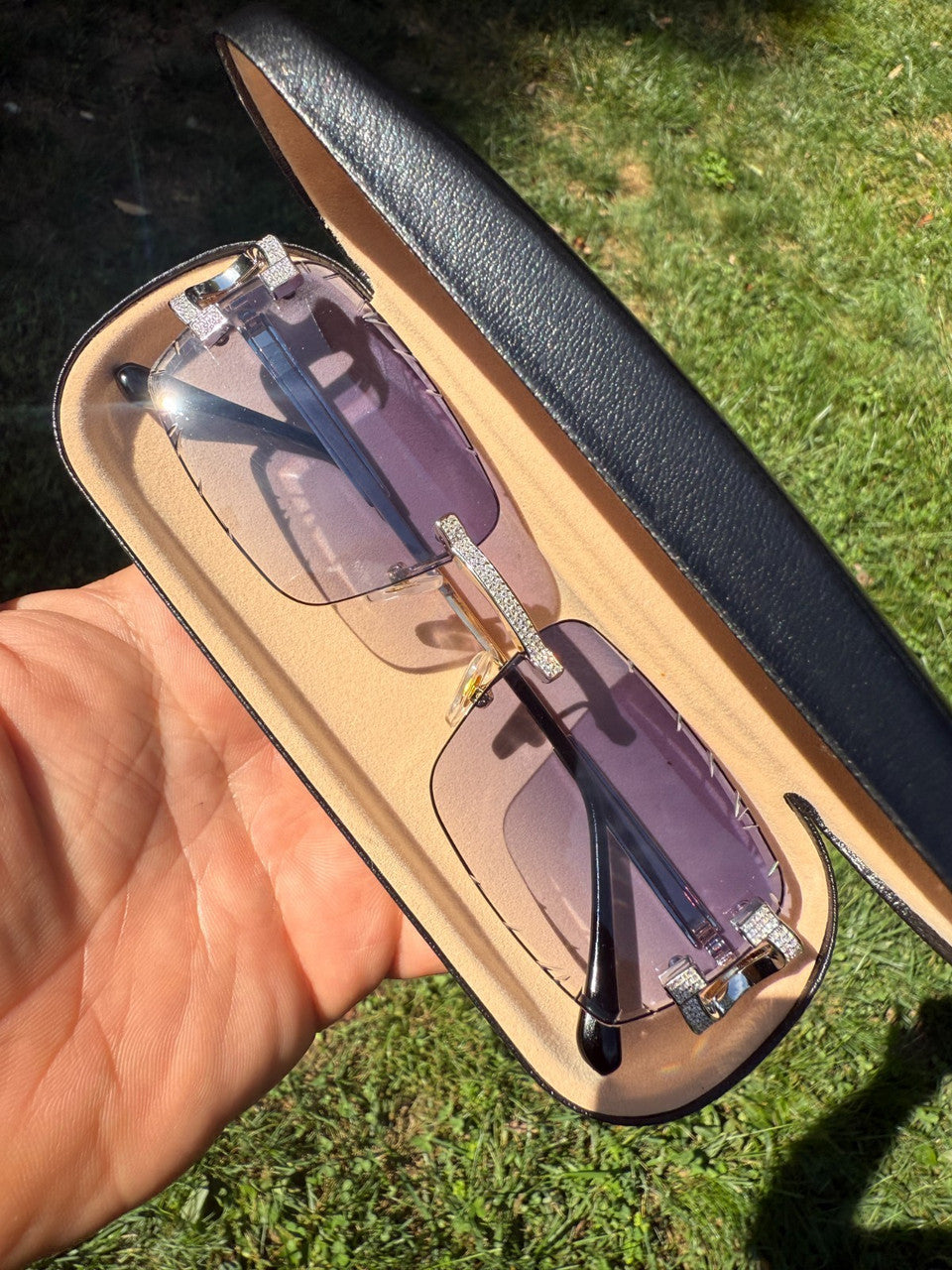 MOISSANITE Big C Iced Out Sunglasses - 925 Silver Buffs - Gray Purple