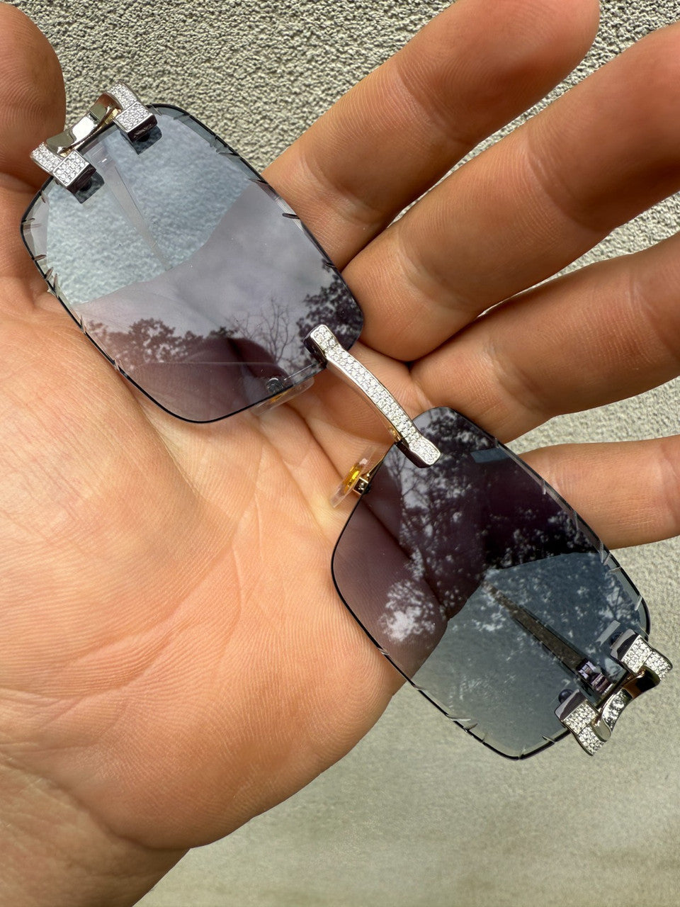 MOISSANITE Big C Iced Out Sunglasses - 925 Silver Buffs - Gray Purple