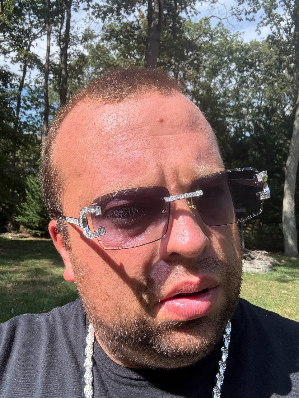 MOISSANITE Big C Iced Out Sunglasses - 925 Silver Buffs - Gray Purple
