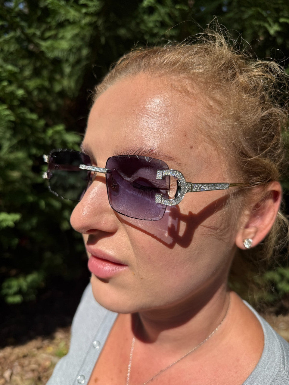 MOISSANITE Big C Iced Out Sunglasses - 925 Silver Buffs - Gray Purple
