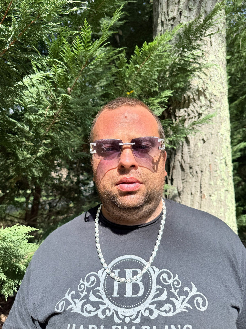 MOISSANITE Big C Iced Out Sunglasses - 925 Silver Buffs - Gray Purple