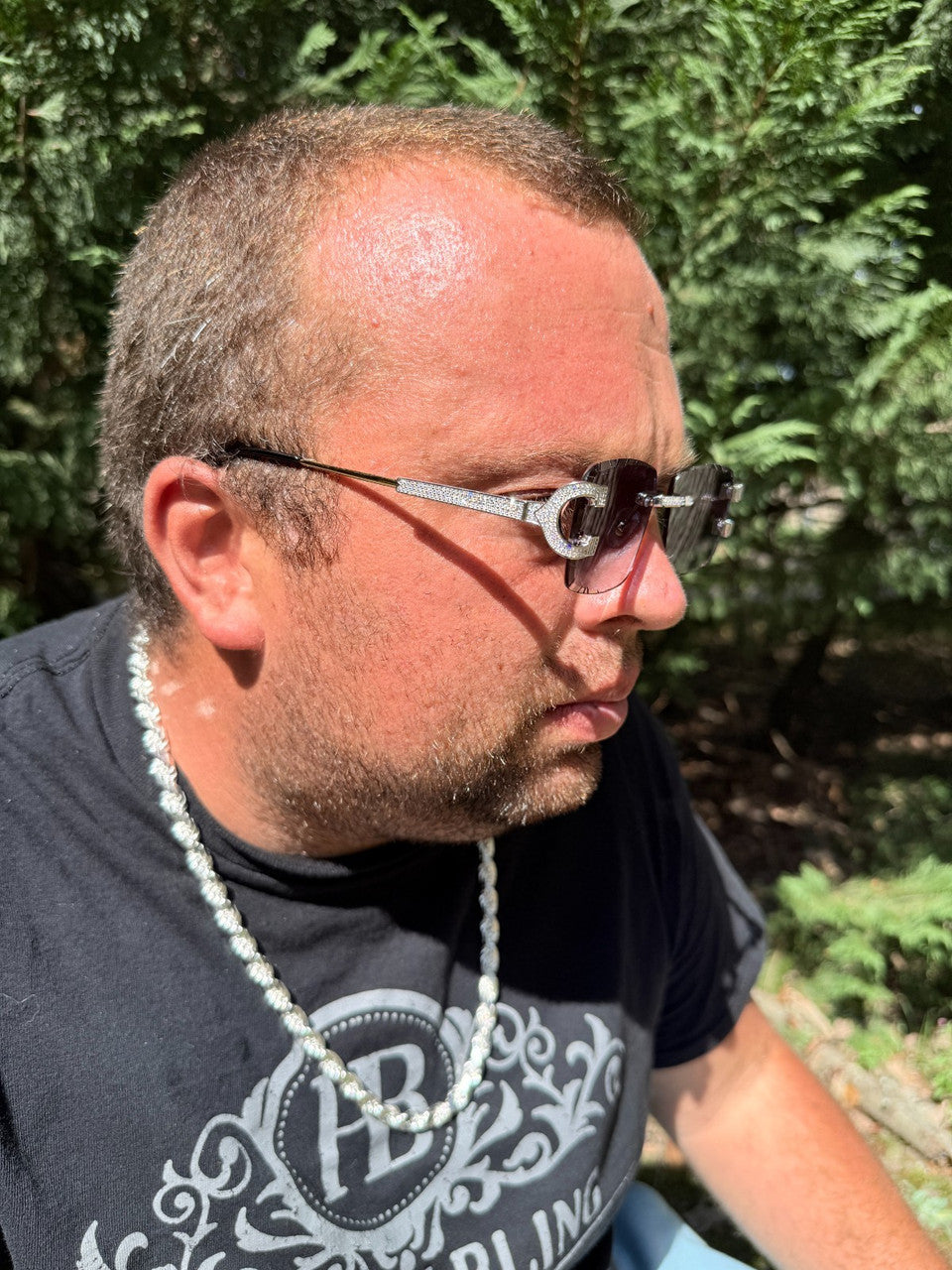 MOISSANITE Big C Iced Out Sunglasses - 925 Silver Buffs - Gray Purple