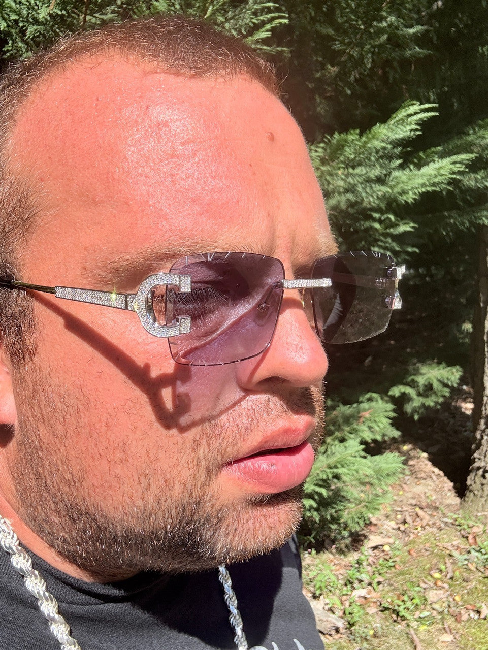 MOISSANITE Big C Iced Out Sunglasses - 925 Silver Buffs - Gray Purple