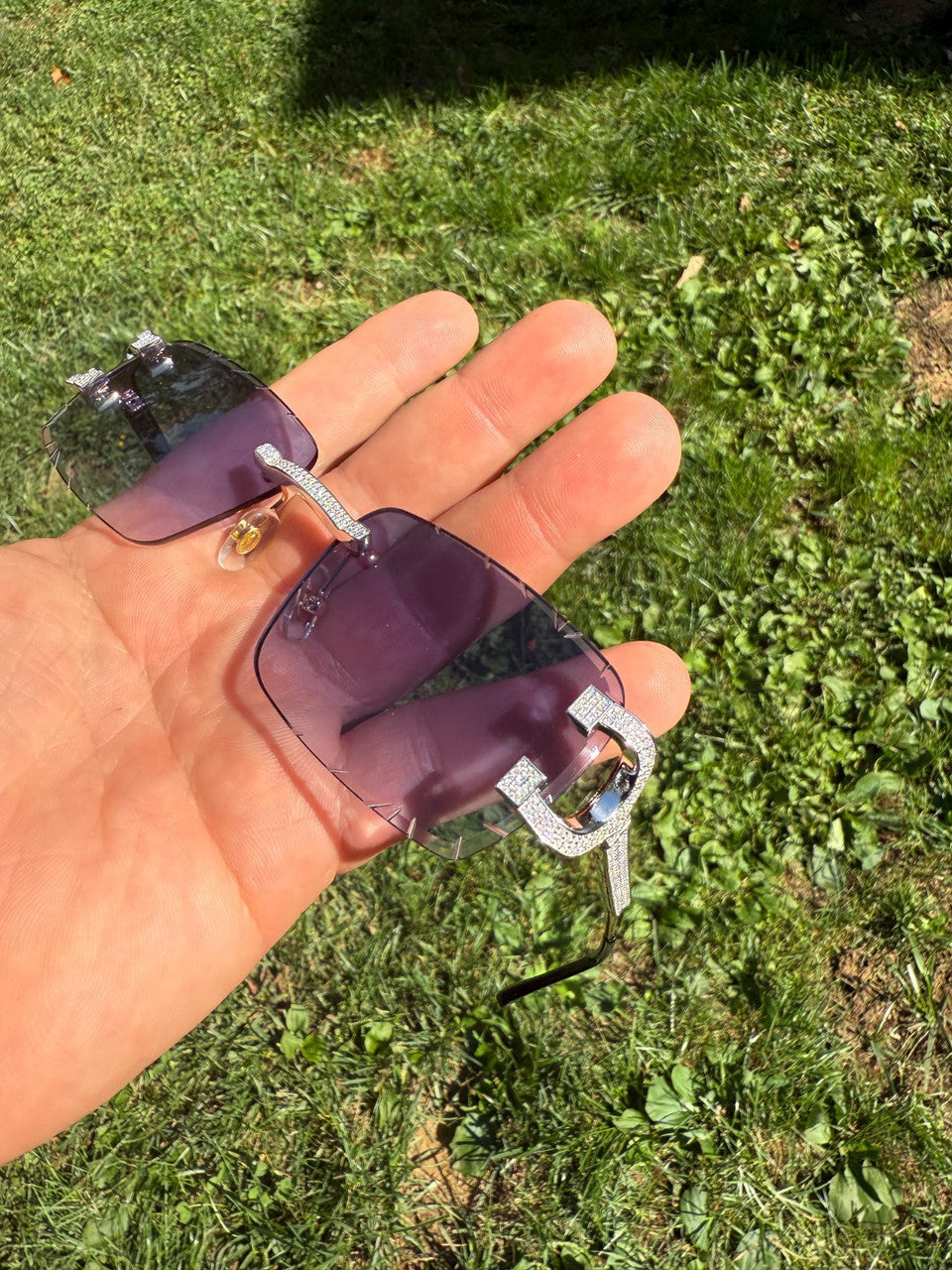 MOISSANITE Big C Iced Out Sunglasses - 925 Silver Buffs - Gray Purple