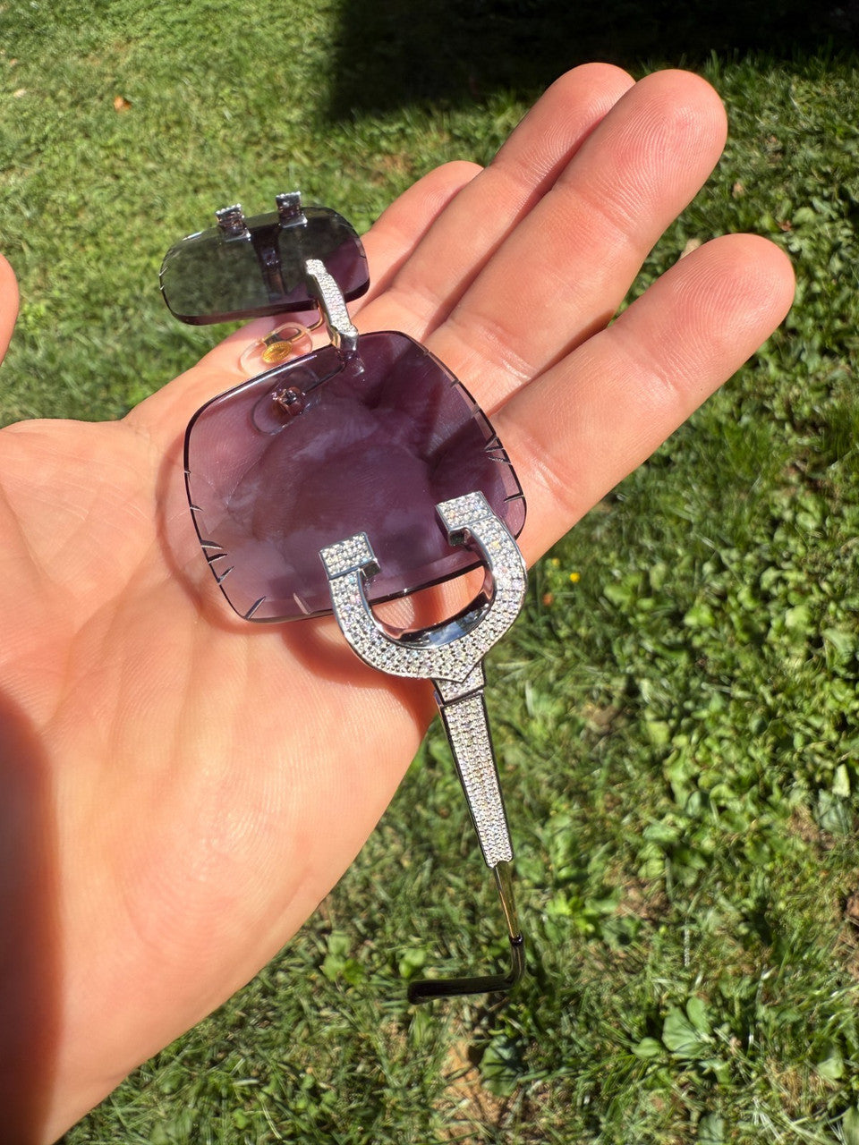 MOISSANITE Big C Iced Out Sunglasses - 925 Silver Buffs - Gray Purple